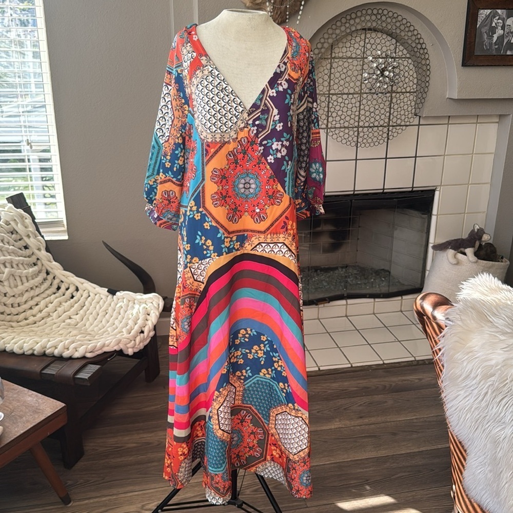 Colorful bohemian Patchwork V-Neck Dress NWT size small